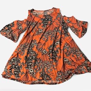 Orange and Black Floral Bell Sleeve Cold Shoulder Tunic, Sz 1X